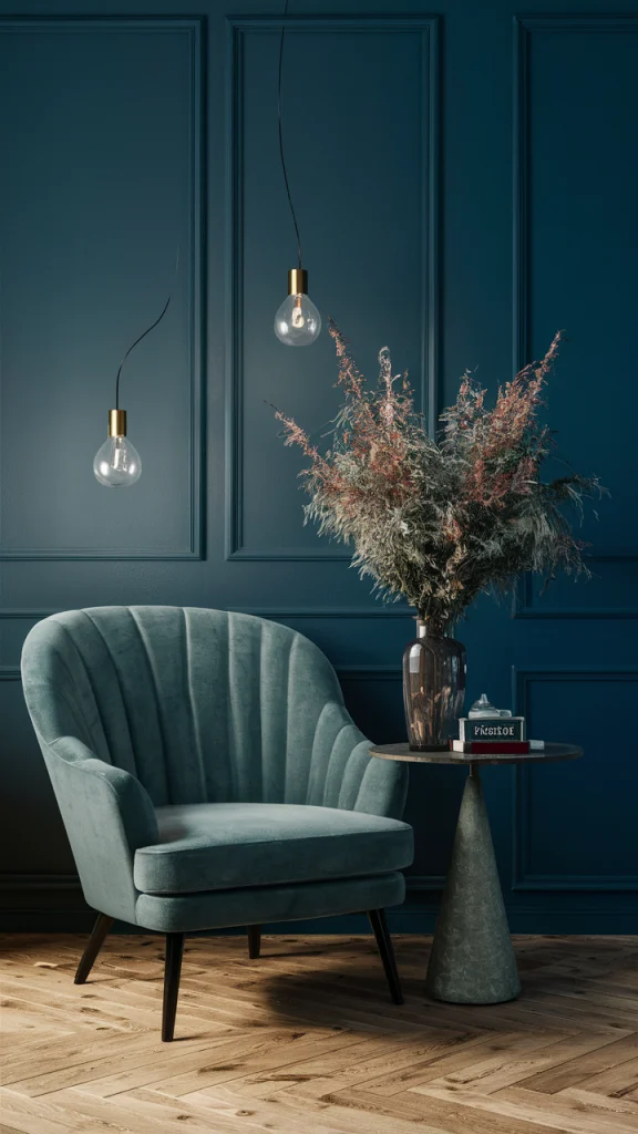 green velour chair next to a large plant and green textured walls