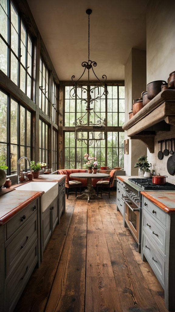 unique rustic kitchen with large windows and wood floors
