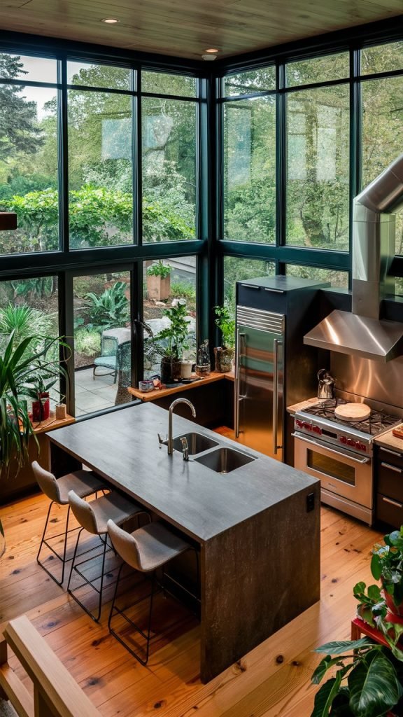 a large kitchen with floor to ceiling windows, plants, and wood floors