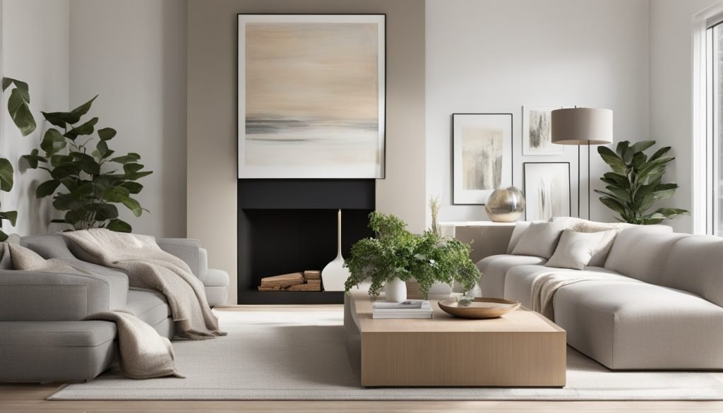 A minimalist living room with a neutral color scheme featuring a cozy throw blanket and a statement piece of wall art.