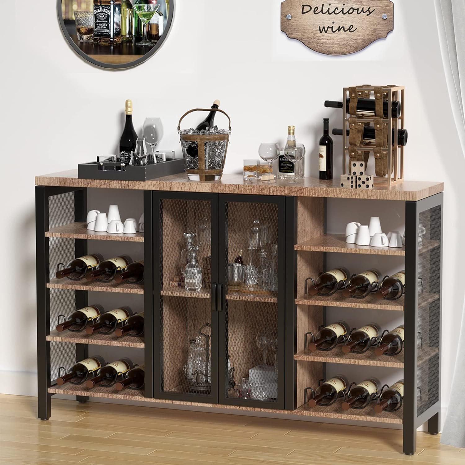 
Industrial Wine Bar Cabinet, Coffee Bar Table with Storage & Rack