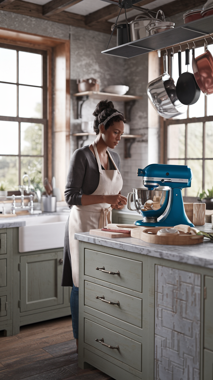woman in her rustic kitchen using her blue mixer