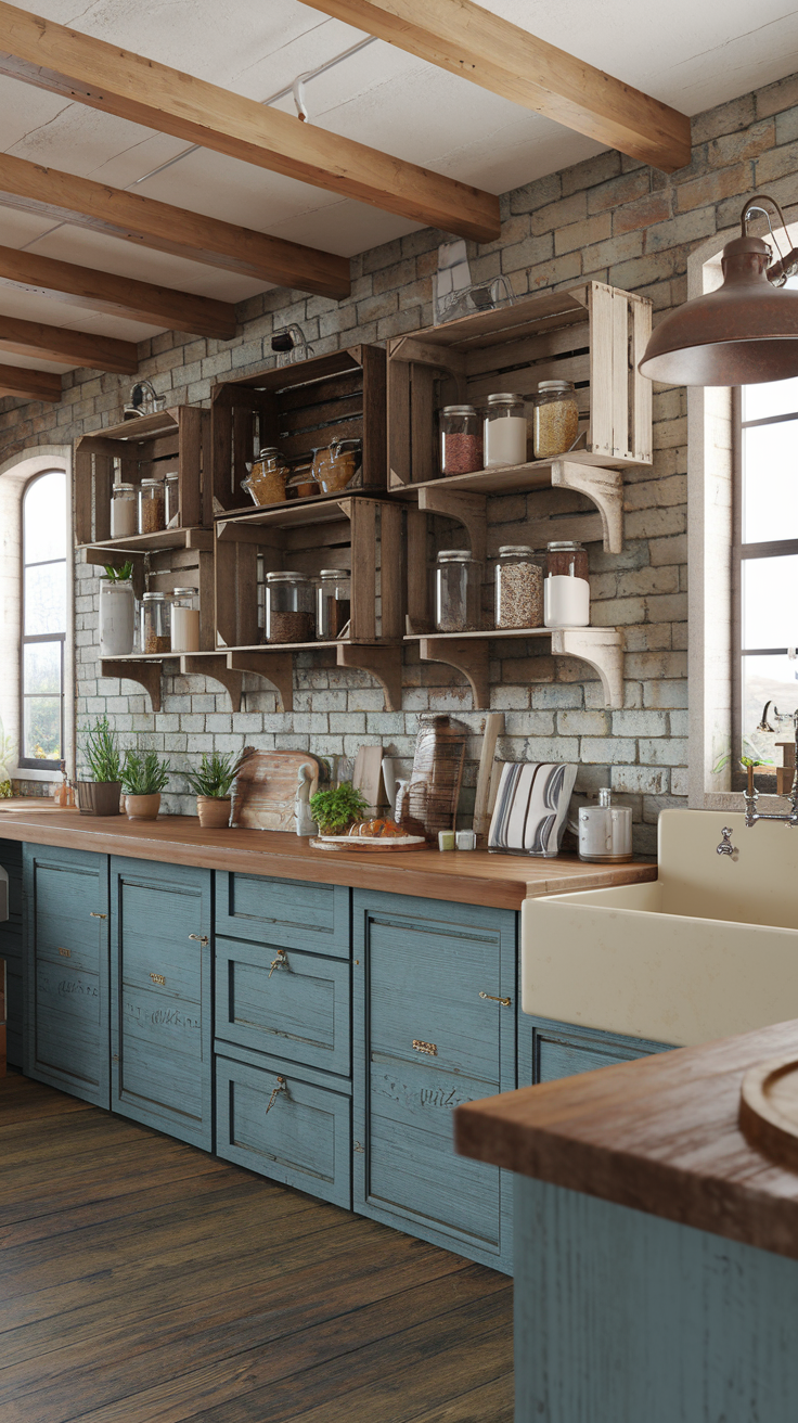 kitchen decorwith vintage crates, mason jars, and older furniture pieces