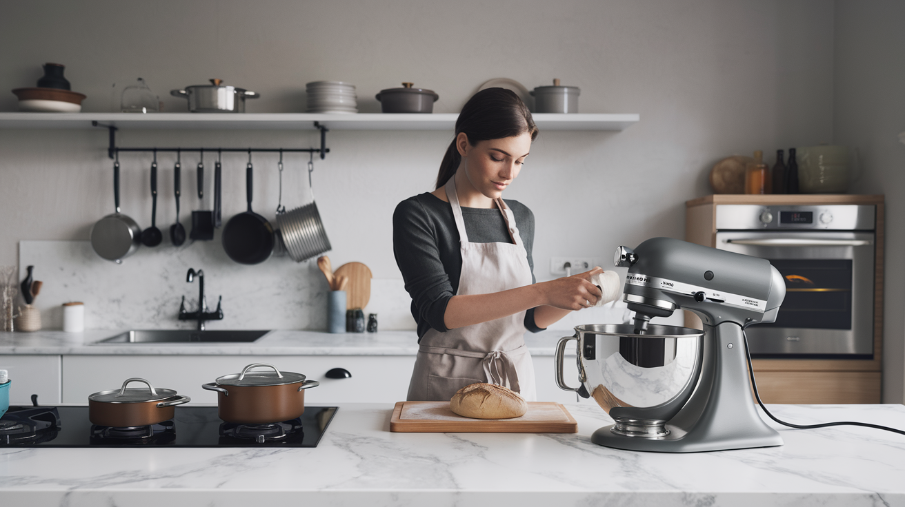 woman in a modern kitchen cooking with a kitchen mixer on the counter