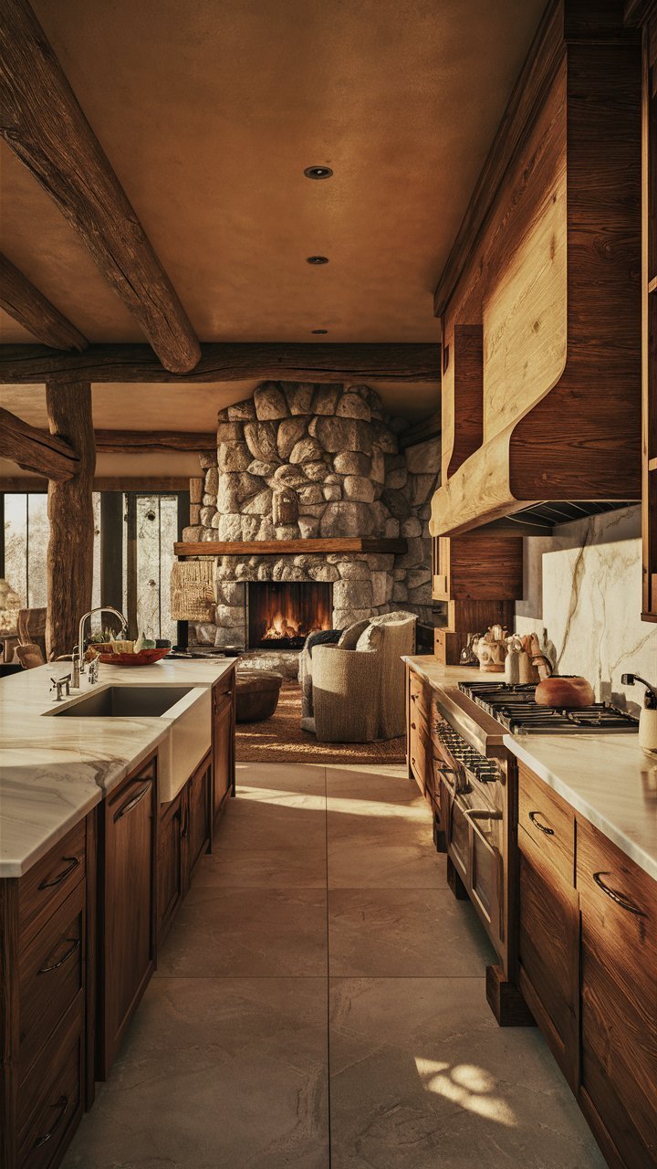 warm rustic kitchen decor with wood and stone