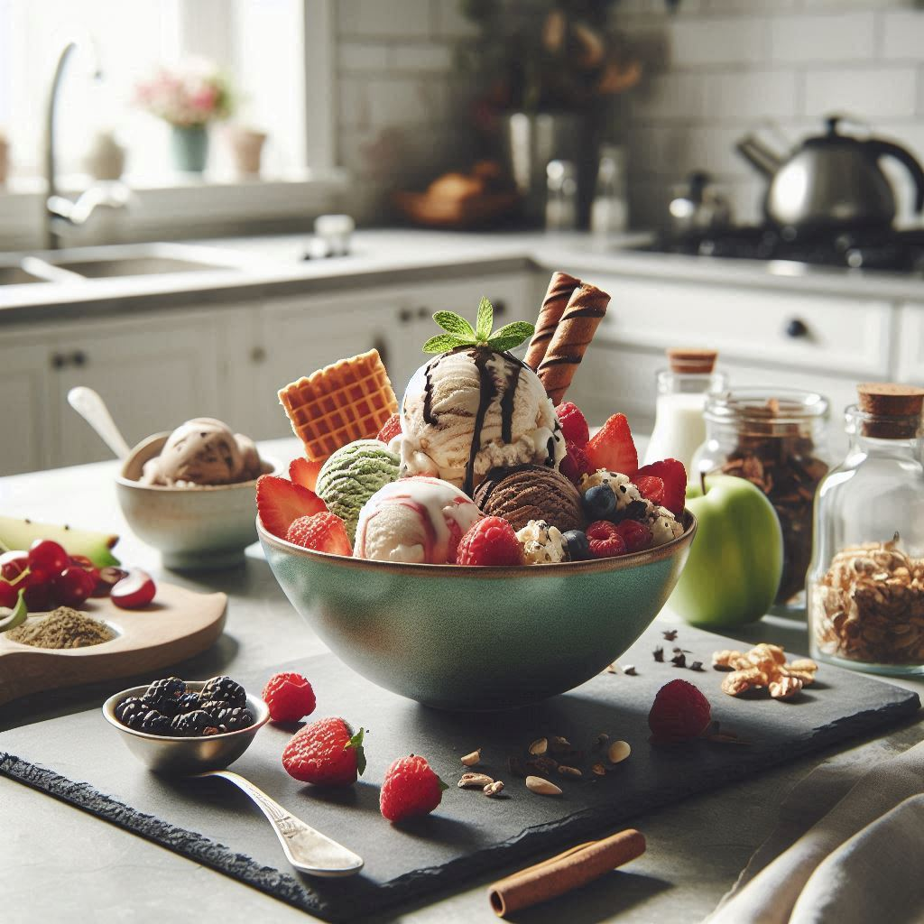 a bowl of ice cream with fruit and cookie toppings