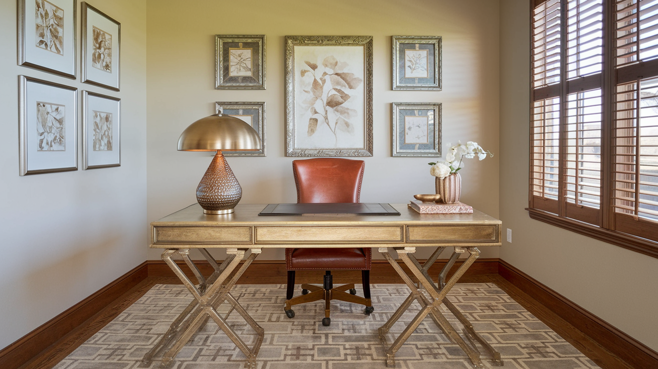 Traditional home office decor with metallic accents