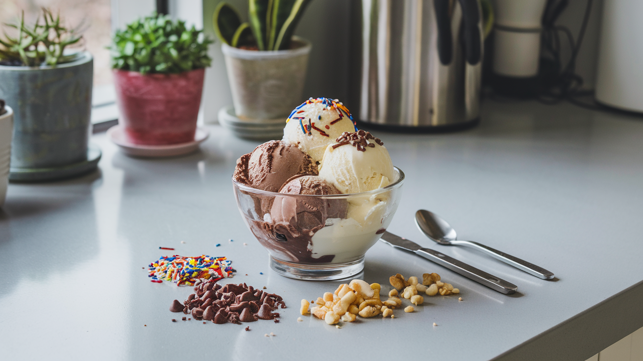 chocolate and vanilla ice cream with toppings