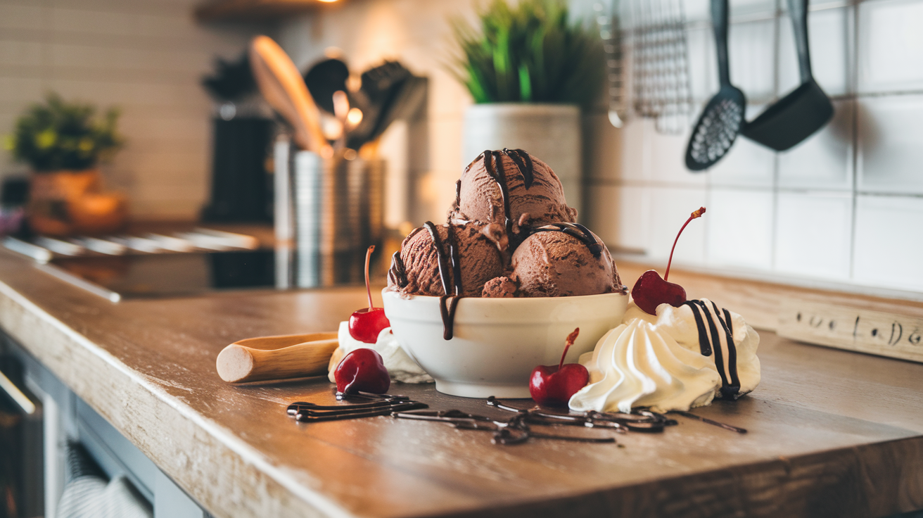 a big bowl of chocolate ice cream with hot fudge and cherries