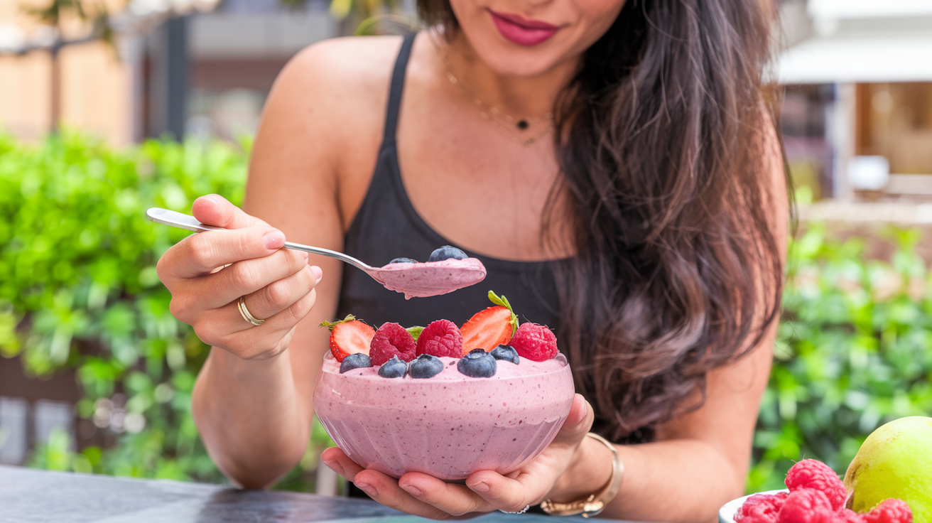 a woman with frozen fruit in her smoothie bowl