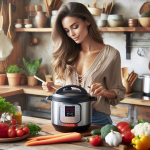 Woman in her rustic kitchen cooking with her instant pot