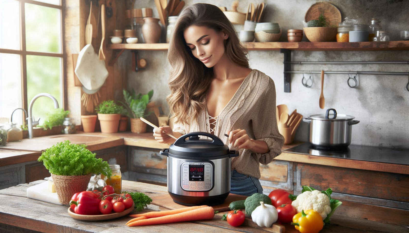 Woman in her rustic kitchen cooking with her instant pot