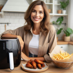 Woman in the kitchen with her air fryer chicken wings and fries