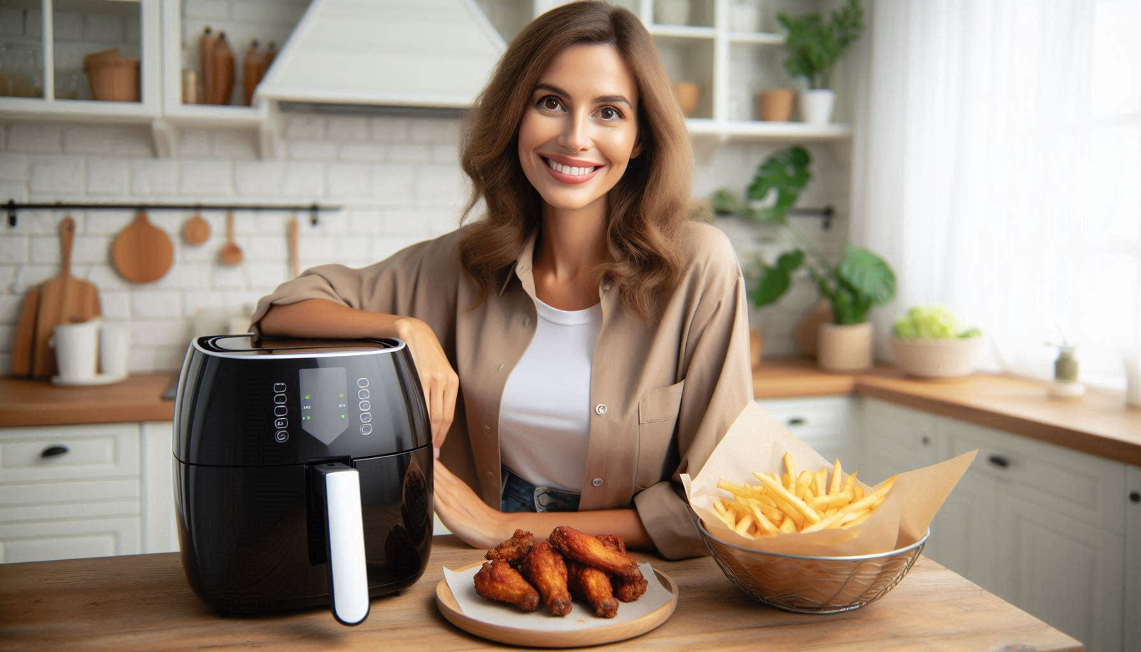 Woman in the kitchen with her air fryer chicken wings and fries
