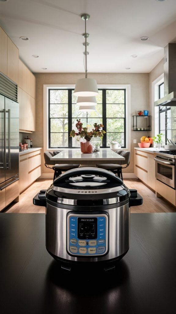a bright modern kitchen with a multifunction pressure cooker on the countertop