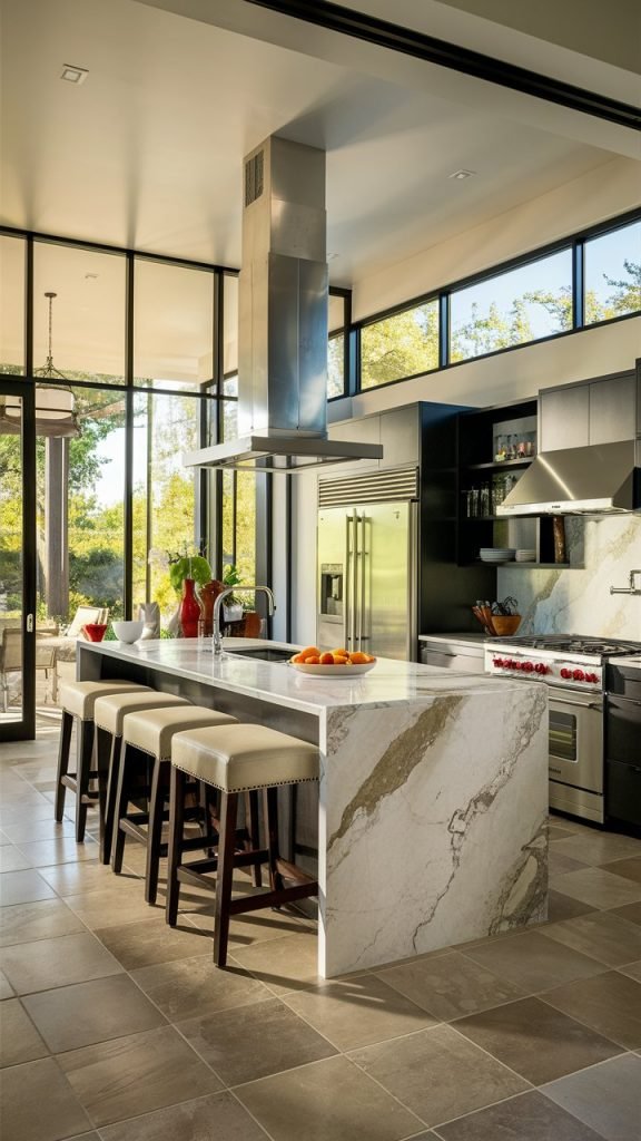 modern bright kitchen with open shelving