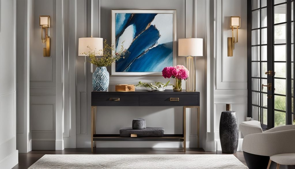 a chic and modern entryway with sleek furniture, bold accent pieces, and pops of color.