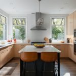 modern kitchen with a small toaster oven on the counter