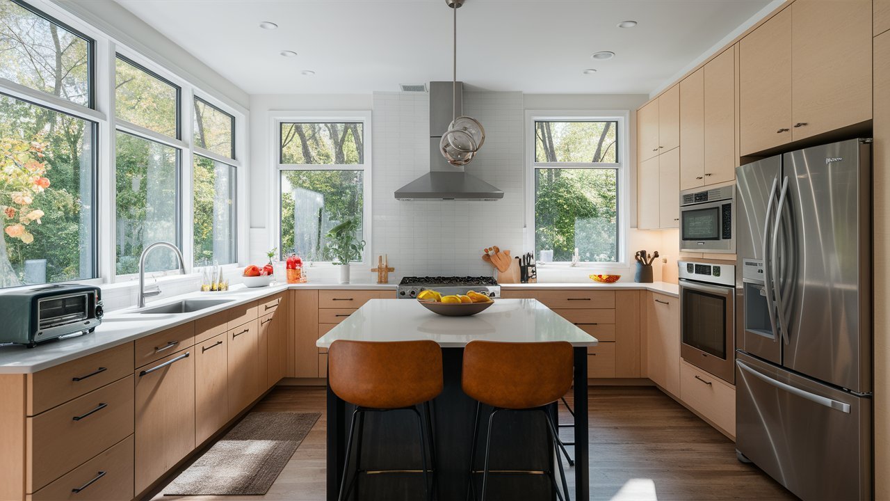 modern kitchen with a small toaster oven on the counter