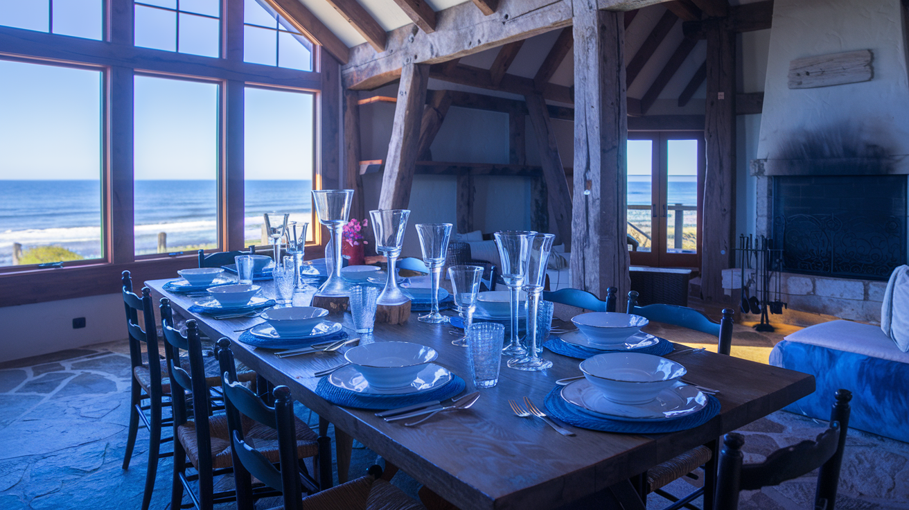 corelle dinnerware on a table in a coastal dining room