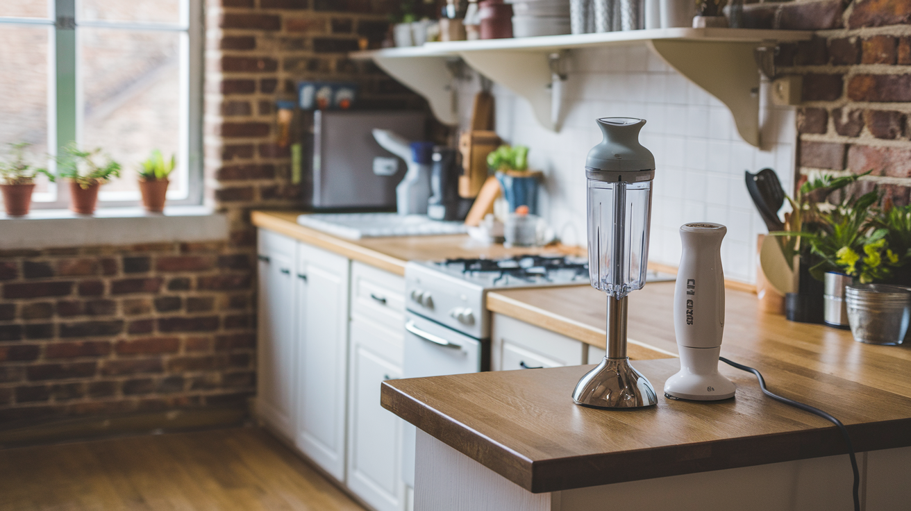 Immersion blender on a kitchen counter in a beautiful rustic kitchen with lots of light coming through the windows