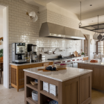 a modern chef's kitchen with coffee and tea service