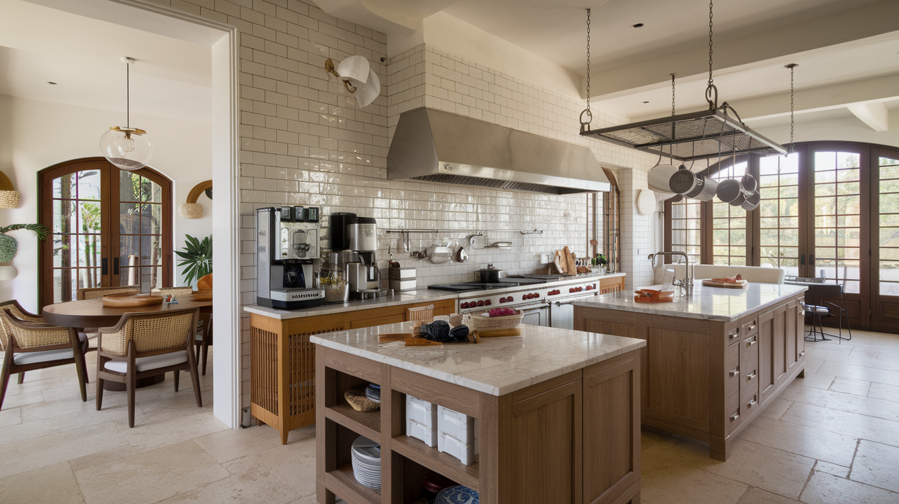 a modern chef's kitchen with coffee and tea service
