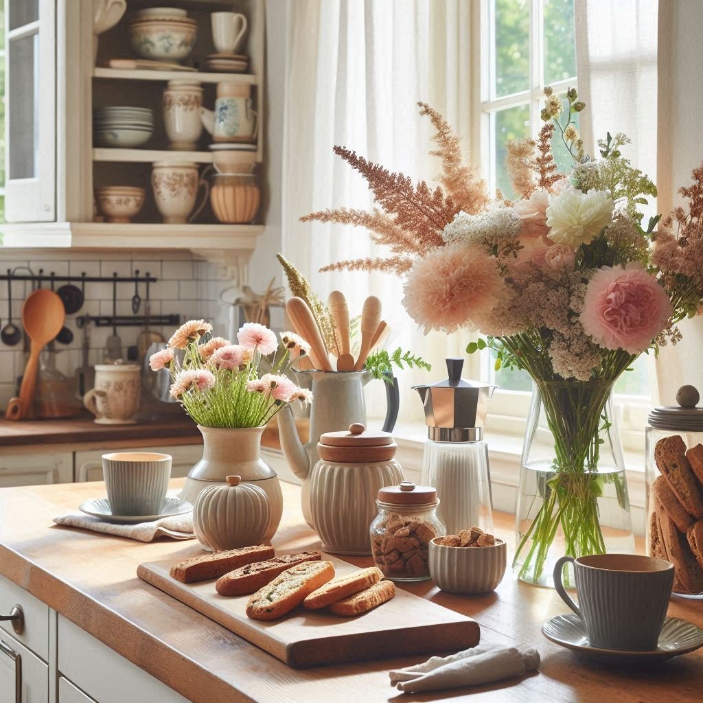 bright pastel coffee station in a kitchen. soft colors with cookies, flowers, and natural lighting from a window