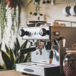 can you create an image of a coffee station with an expresso machine, coffee beans, mugs, and natural lighting