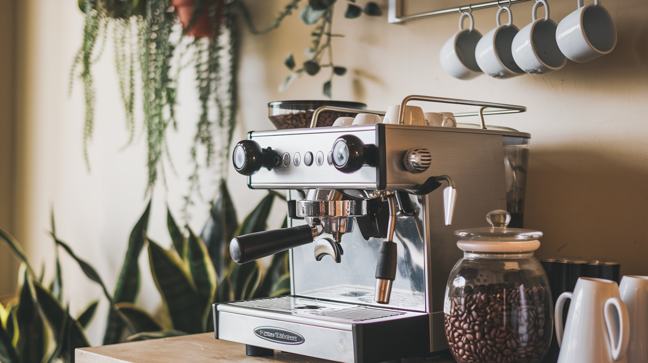 can you create an image of a coffee station with an expresso machine, coffee beans, mugs, and natural lighting
