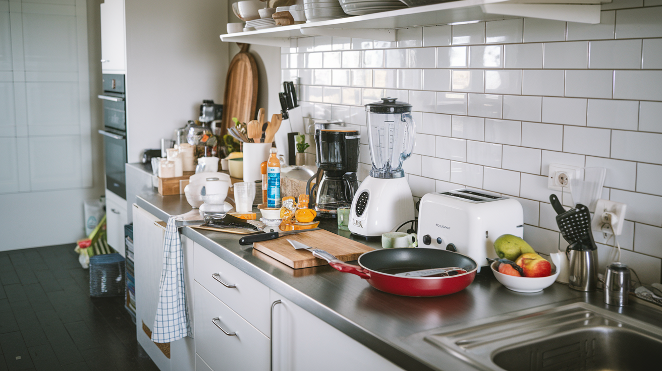 a modern kitchen with a cluttered kitchen counter
