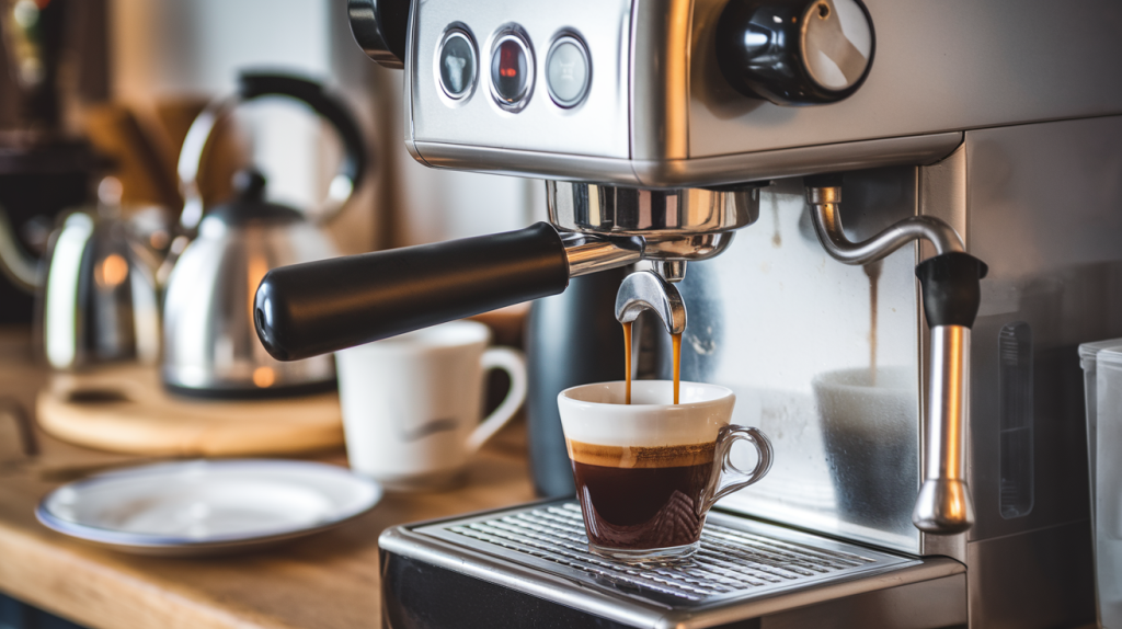an image of an expresso machine in a kitchen brewing coffee.