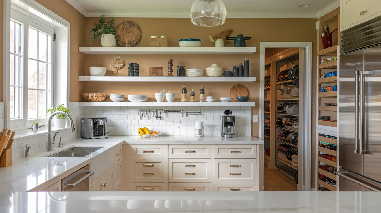 an organized kitchen making the most of cabinet and shelf space