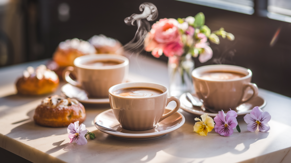 light roast coffee with pastries and fresh flowers