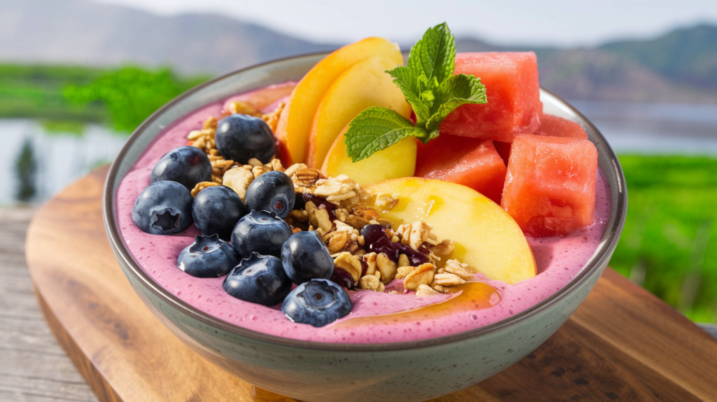 a smoothie bowl topped with fresh blueberries peac Pdw4WsidShqP63RJPI oqA wth9nXy7TM2IYf6PhNIwEg