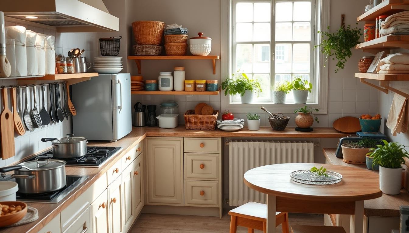 small kitchen with shelving and storage
