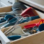kitchen drawer organization - an image of an unorganized kitchen drawer